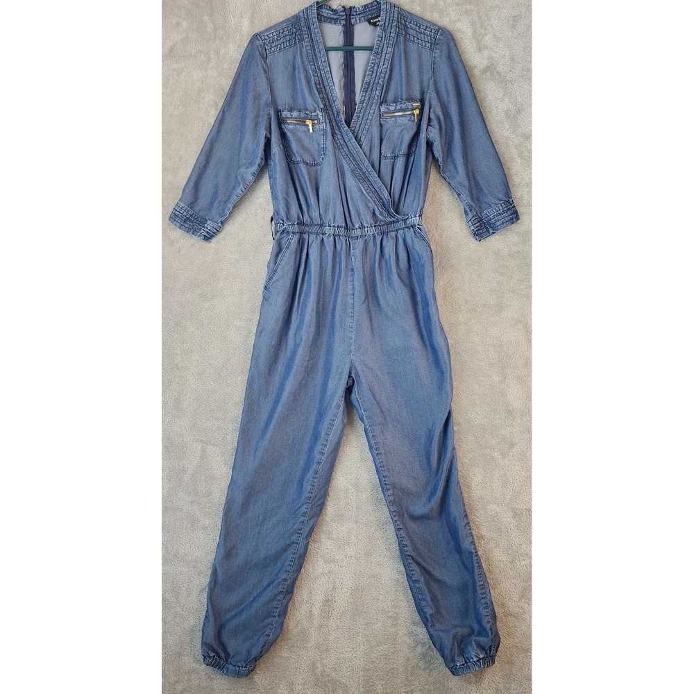 Bebe Jumpsuit Womens Small Blue Lyocell Surplice Zip Pocket Jogger Denim Look